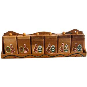 Mid Century Imperial Japan Wooden Spice Rack Set of 6 Hand Carved Containers MCM